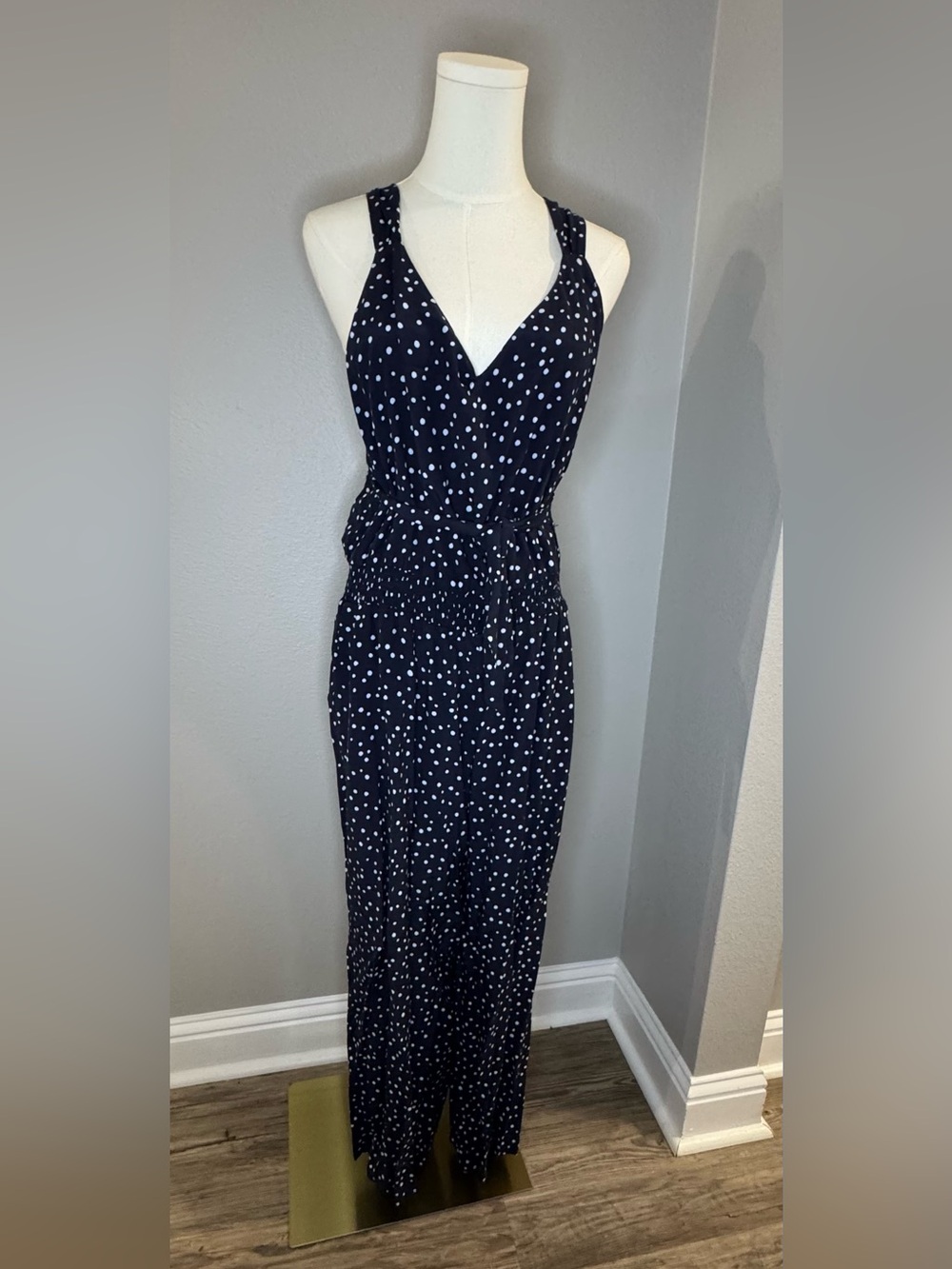 LOFT Navy Polka Dot Sleeveless V-Neck Jumpsuit